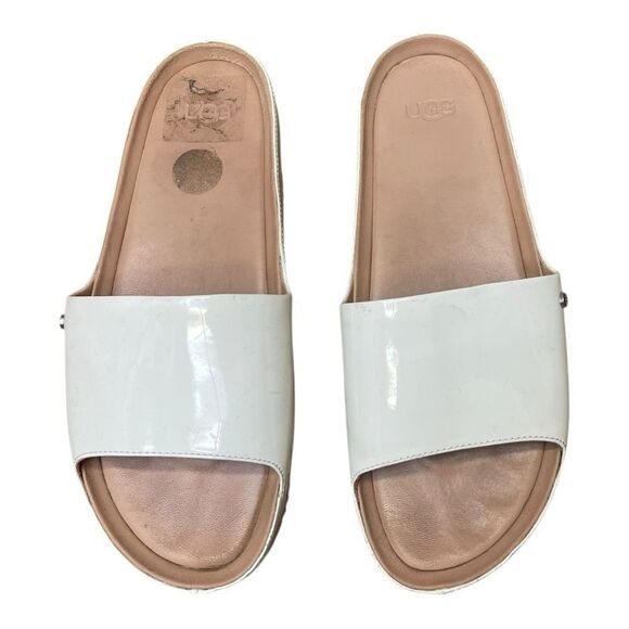 UGG White Patent Leather Open Toe Slip On Slide Sandals Mules Size 8.5 Comfy - Picture 2 of 7